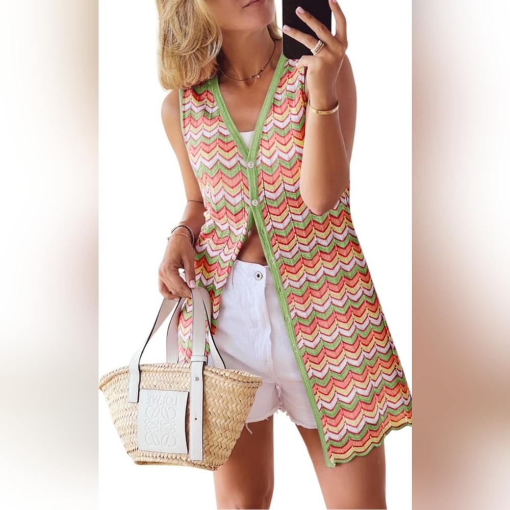 Colorful Chevron Sleeveless Sweater Coverup Shirt